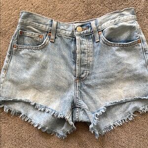 Denim Forum Blue Jean Shorts with Frayed Hem